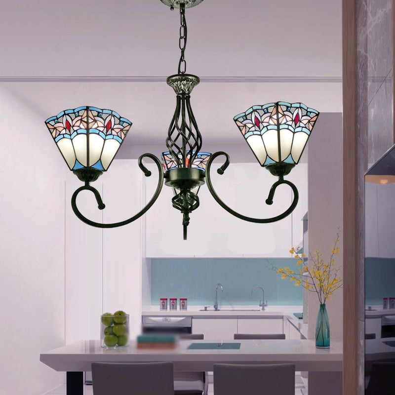 Pyramid Shade Chandelier Pendant Light Stained Glass Traditional Hanging Light for Dining Room 3 White Clearhalo 'Ceiling Lights' 'Chandeliers' 'Industrial' 'Middle Century Chandeliers' 'Tiffany Chandeliers' 'Tiffany close to ceiling' 'Tiffany' Lighting' 2187226