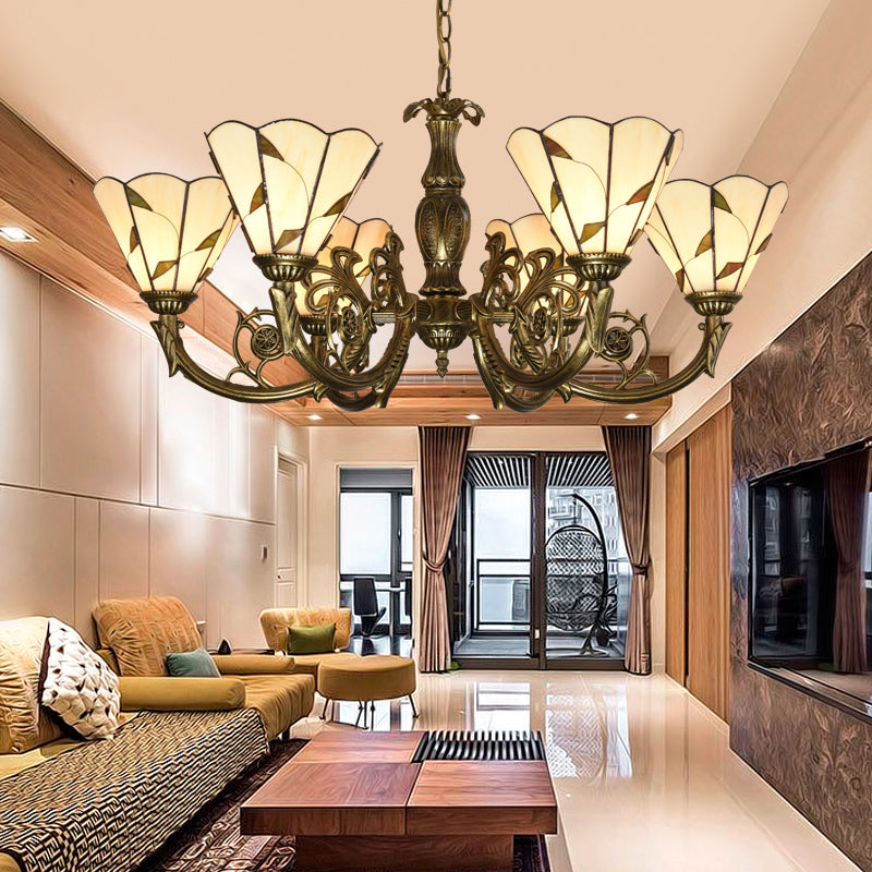Bell Shade Chandelier Light Classic Hand Cut Glass Beige Pendant Light Fixture with Scalloped Edge 6 Beige Clearhalo 'Ceiling Lights' 'Chandeliers' 'Industrial' 'Middle Century Chandeliers' 'Pendant Lights' 'Tiffany Chandeliers' 'Tiffany close to ceiling' 'Tiffany' Lighting' 2187228