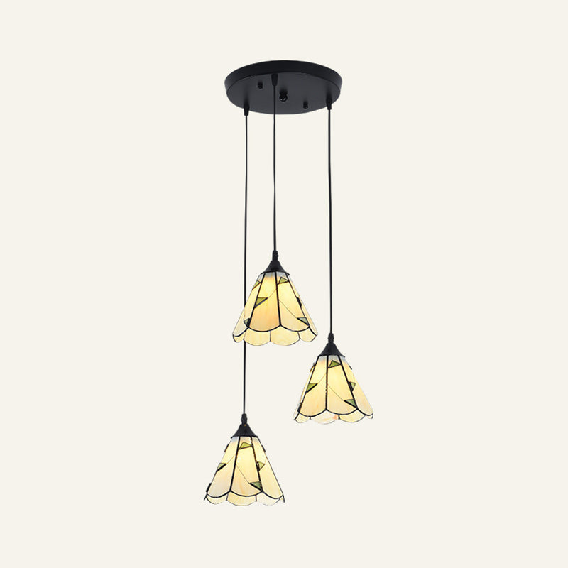 Tiffany-Style Bell Multi Ceiling Lamp 3 Bulbs Handcrafted Glass Suspension Light Fixture Beige Round Clearhalo 'Ceiling Lights' 'Industrial' 'Middle Century Pendants' 'Pendant Lights' 'Pendants' 'Tiffany close to ceiling' 'Tiffany Pendants' 'Tiffany' Lighting' 2187251