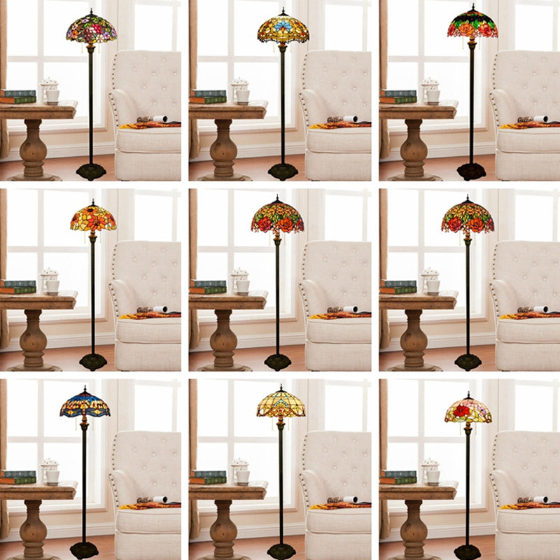 Tiffany Dome Shade Standing Light 2 Bulbs Handcrafted Glass Floor Lamp with Pull Chain Clearhalo 'Floor Lamps' 'Lamps' Lighting' 2187311