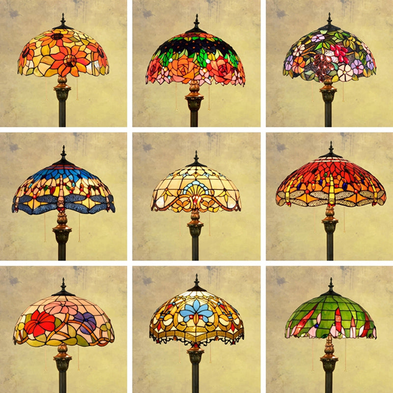 Tiffany Dome Shade Standing Light 2 Bulbs Handcrafted Glass Floor Lamp with Pull Chain Clearhalo 'Floor Lamps' 'Lamps' Lighting' 2187312