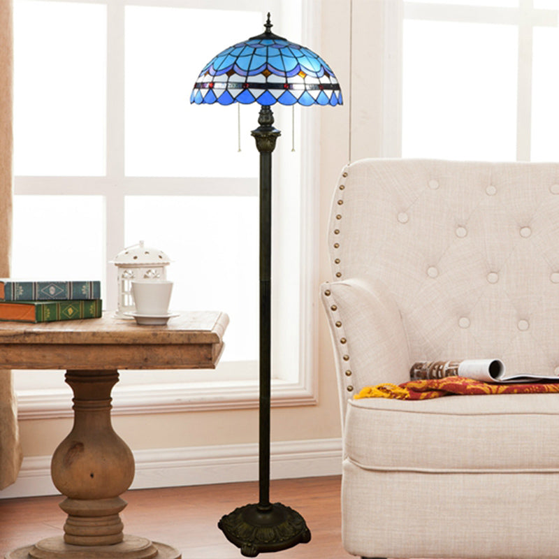 Tiffany Dome Shade Standing Light 2 Bulbs Handcrafted Glass Floor Lamp with Pull Chain Sky Blue Clearhalo 'Floor Lamps' 'Lamps' Lighting' 2187317