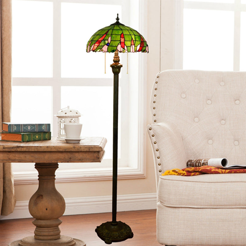 Tiffany Dome Shade Standing Light 2 Bulbs Handcrafted Glass Floor Lamp with Pull Chain Green Clearhalo 'Floor Lamps' 'Lamps' Lighting' 2187319