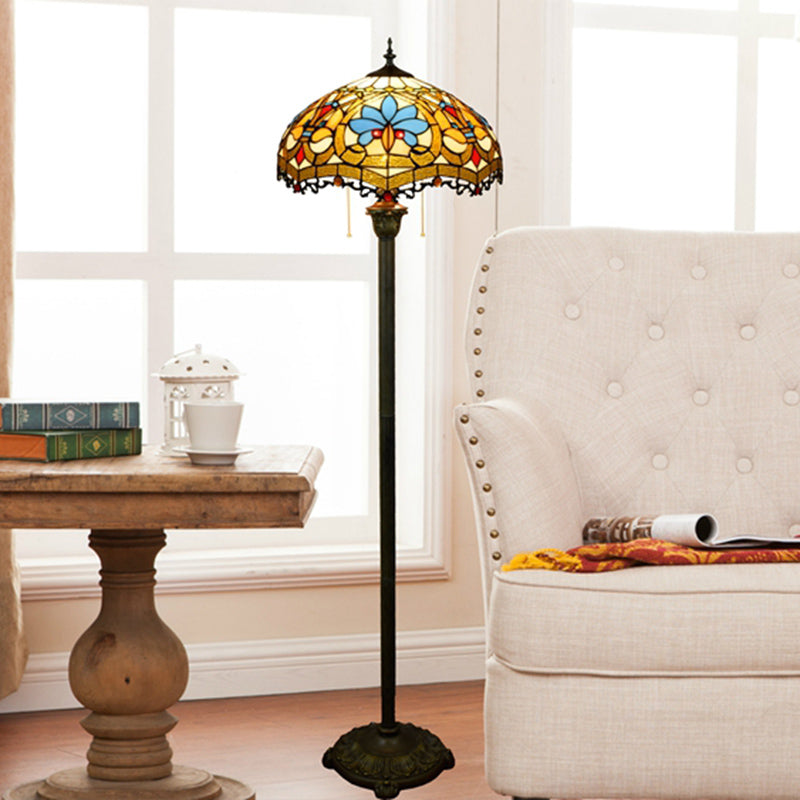 Tiffany Dome Shade Standing Light 2 Bulbs Handcrafted Glass Floor Lamp with Pull Chain Gold Clearhalo 'Floor Lamps' 'Lamps' Lighting' 2187321