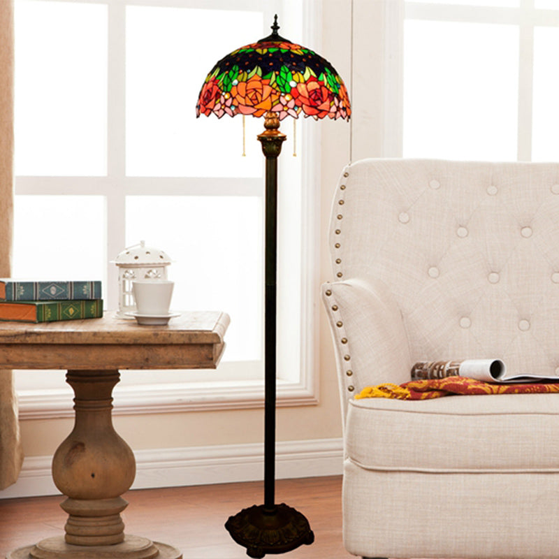 Tiffany Dome Shade Standing Light 2 Bulbs Handcrafted Glass Floor Lamp with Pull Chain Pink Clearhalo 'Floor Lamps' 'Lamps' Lighting' 2187325
