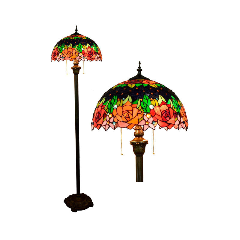 Tiffany Dome Shade Standing Light 2 Bulbs Handcrafted Glass Floor Lamp with Pull Chain Clearhalo 'Floor Lamps' 'Lamps' Lighting' 2187326