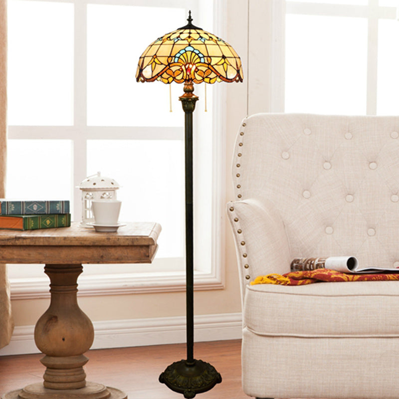 Tiffany Dome Shade Standing Light 2 Bulbs Handcrafted Glass Floor Lamp with Pull Chain Beige Clearhalo 'Floor Lamps' 'Lamps' Lighting' 2187327