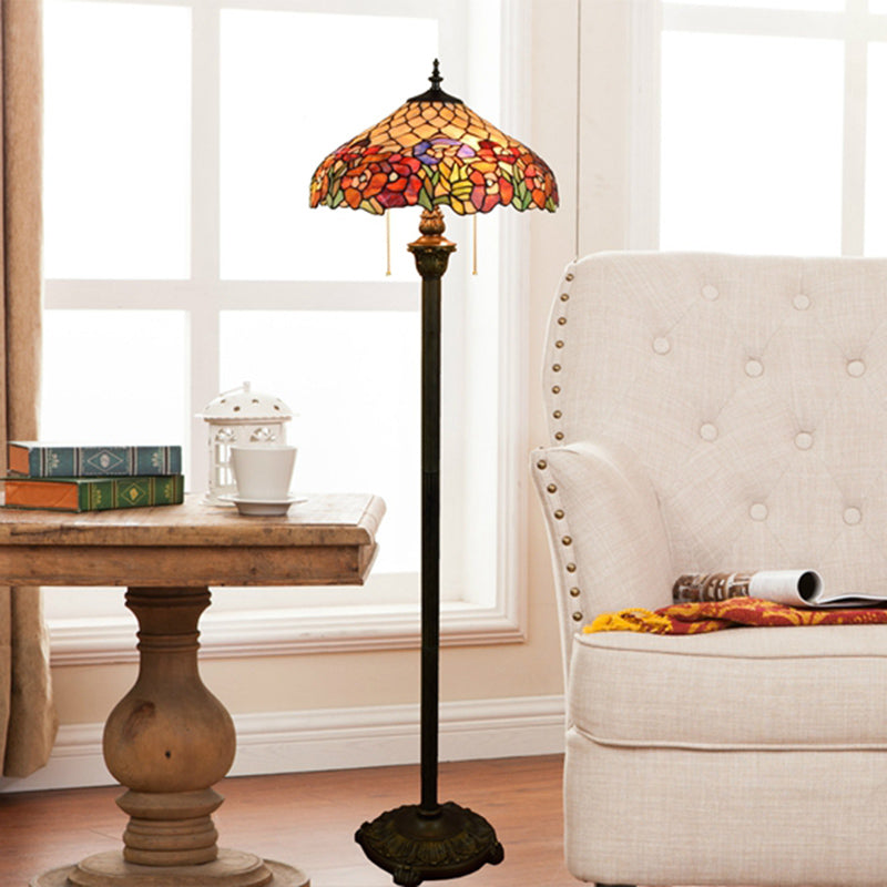 Tiffany Dome Shade Standing Light 2 Bulbs Handcrafted Glass Floor Lamp with Pull Chain Rose Red Clearhalo 'Floor Lamps' 'Lamps' Lighting' 2187329