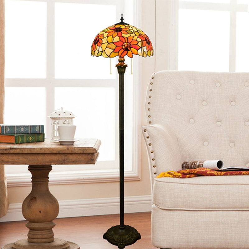 Tiffany Dome Shade Standing Light 2 Bulbs Handcrafted Glass Floor Lamp with Pull Chain Orange Clearhalo 'Floor Lamps' 'Lamps' Lighting' 2187333