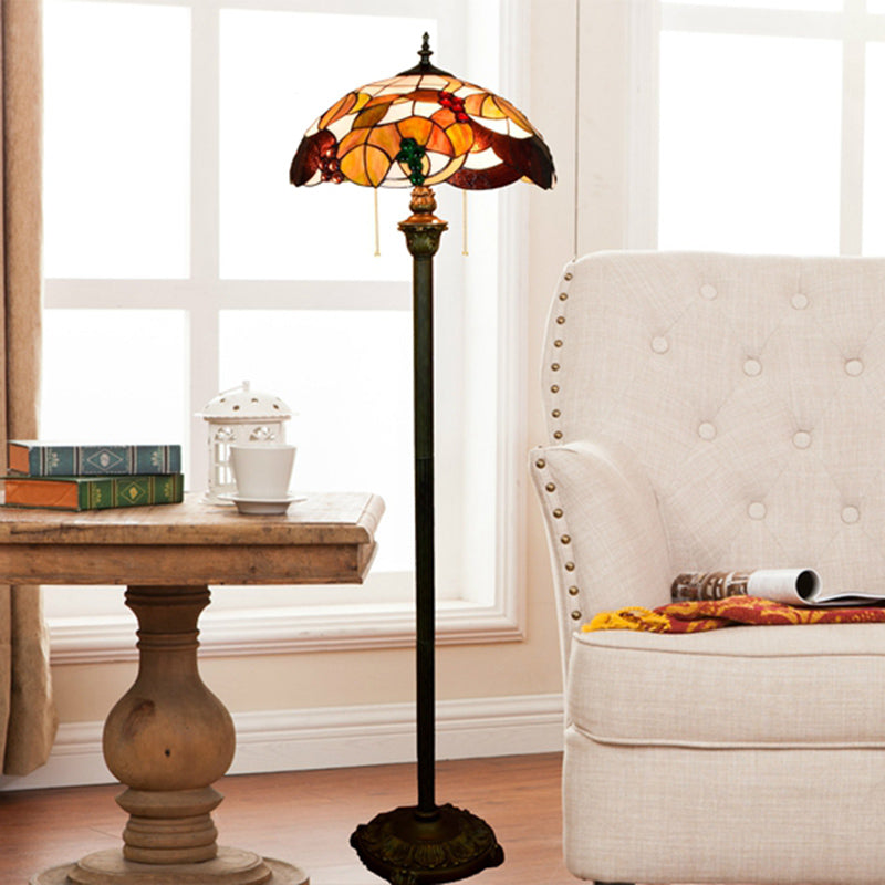 Tiffany Dome Shade Standing Light 2 Bulbs Handcrafted Glass Floor Lamp with Pull Chain Tan Clearhalo 'Floor Lamps' 'Lamps' Lighting' 2187335