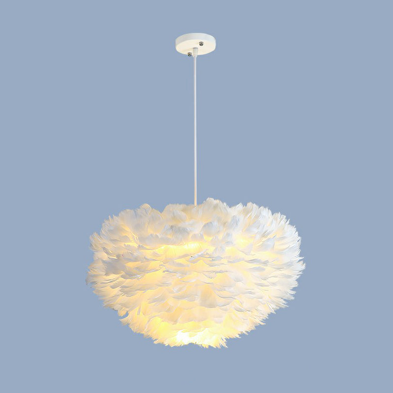 Hemisphere Shaped Girls Bedroom Ceiling Lighting Feather Minimalistic Chandelier Light Fixture White 23.5" Clearhalo 'Ceiling Lights' 'Chandeliers' 'Modern Chandeliers' 'Modern' Lighting' 2187444