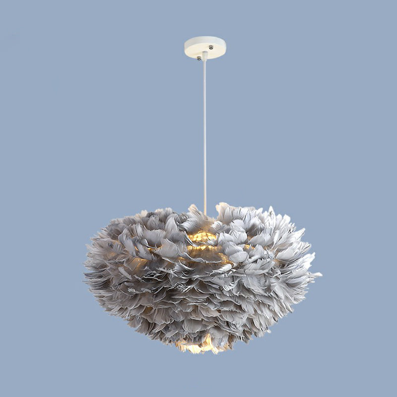 Hemisphere Shaped Girls Bedroom Ceiling Lighting Feather Minimalistic Chandelier Light Fixture Grey 23.5" Clearhalo 'Ceiling Lights' 'Chandeliers' 'Modern Chandeliers' 'Modern' Lighting' 2187451