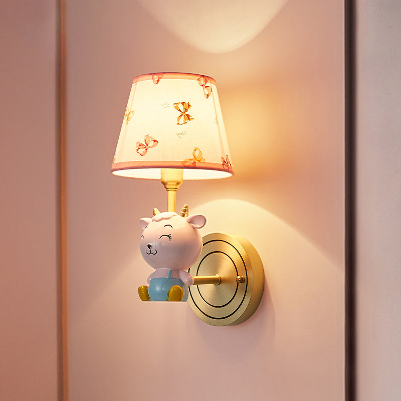 Empire Shade Fabric Wall Light Modern Pink Wall Light Fixture with Resin Sheep for Kids Bedroom 1.0 Pink Clearhalo 'Wall Lamps & Sconces' 'Wall Lights' Lighting' 2187627