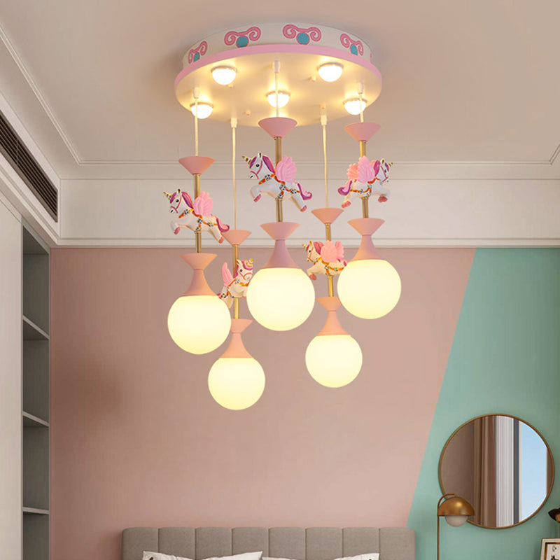 Cartoon Flying Unicorn Multi Light Pendant Resin Kindergarten Hanging Lighting with Sphere Cream Glass Shade Clearhalo 'Ceiling Lights' 'Pendant Lights' 'Pendants' Lighting' 2187784