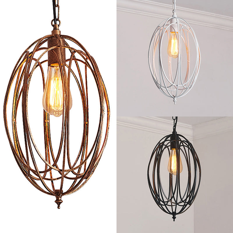 Retro Oval Pendant Light 1 Head Metallic Ceiling Hanging Lamp with Cage Shade in Black/White for Living Room Clearhalo 'Art Deco Pendants' 'Black' 'Cast Iron' 'Ceiling Lights' 'Ceramic' 'Crystal' 'Industrial Pendants' 'Industrial' 'Metal' 'Middle Century Pendants' 'Pendant Lights' 'Pendants' 'Rustic Pendants' 'Tiffany' Lighting' 21896