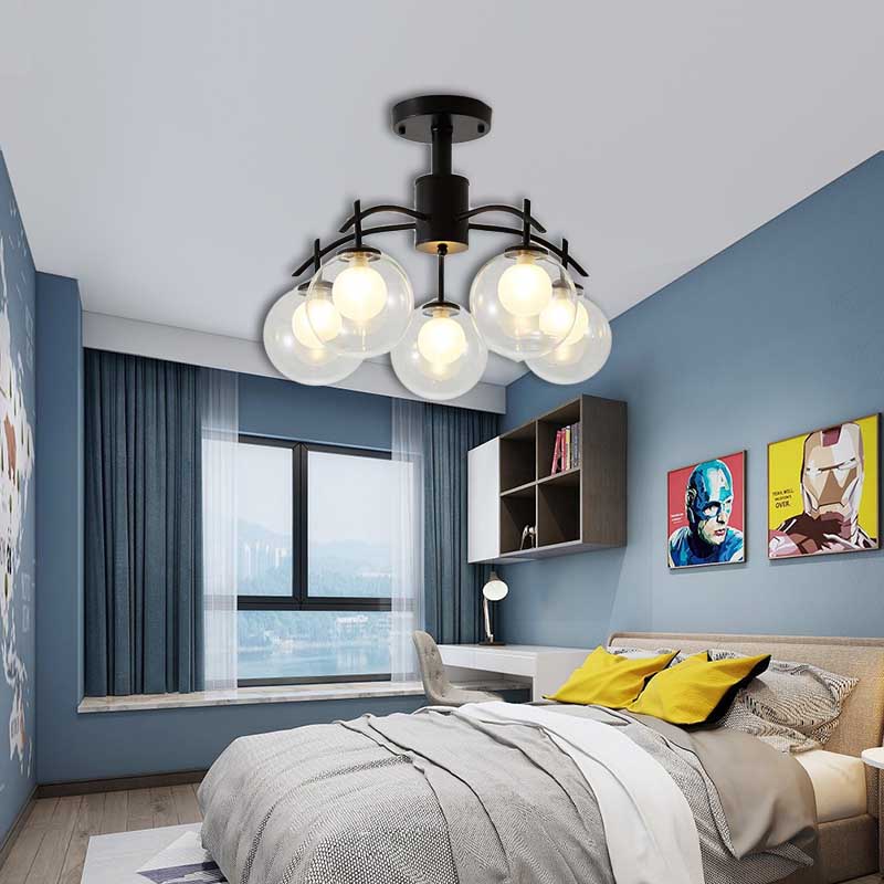 Clear Glass Ball Semi Flush Light Contemporary 3/5/6-Light Living Room Ceiling Flush Mount Chandelier in Black Clearhalo 'Ceiling Lights' 'Close To Ceiling Lights' 'Close to ceiling' 'Glass shade' 'Glass' 'Semi-flushmount' Lighting' 219013