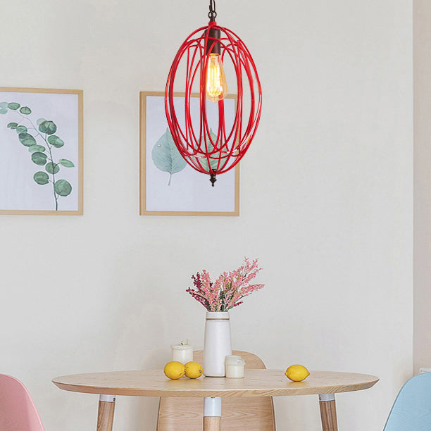 Gray/Red Oval Cage Hanging Ceiling Light Industrial Metallic 1 Bulb Restaurant Pendant Lamp with Adjustable Chain Clearhalo 'Art Deco Pendants' 'Cast Iron' 'Ceiling Lights' 'Ceramic' 'Crystal' 'Industrial Pendants' 'Industrial' 'Metal' 'Middle Century Pendants' 'Pendant Lights' 'Pendants' 'Tiffany' Lighting' 21919