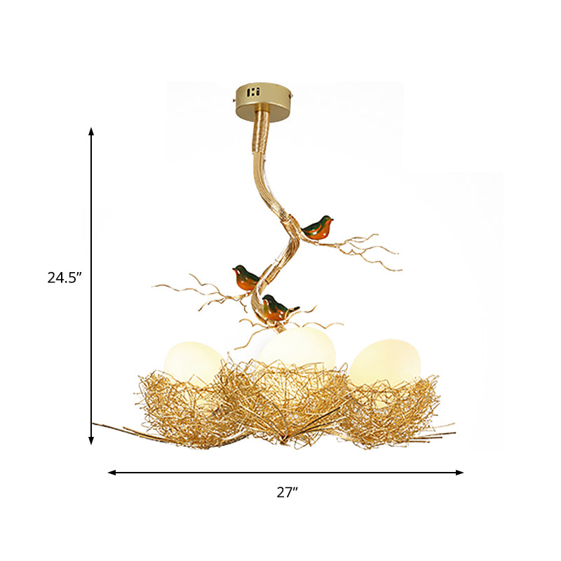 Artistry Milk White Glass Ball Chandelier Pendant 1/2/3-Light Golden Hanging Lamp with Birds and Hand Sewn Aluminum Nest Clearhalo 'Ceiling Lights' 'Chandeliers' Lighting' options 219477