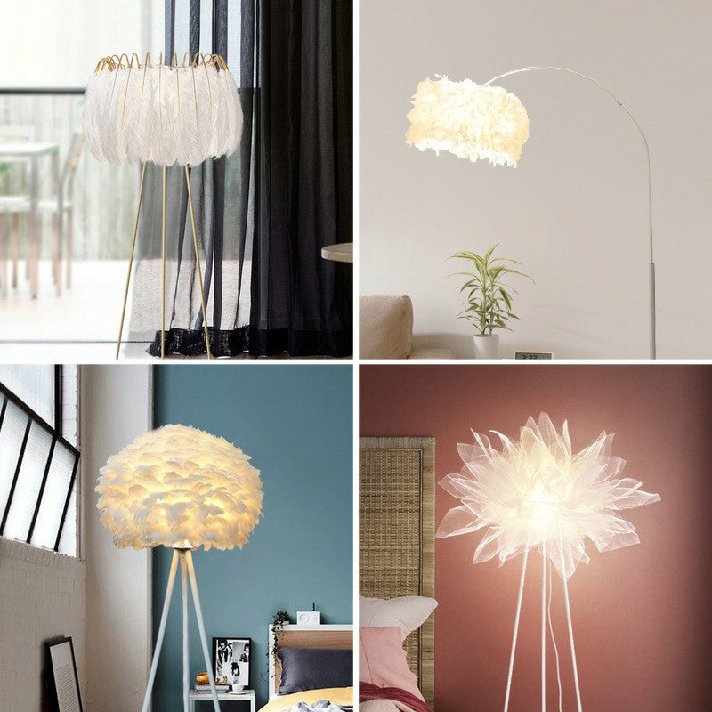 Nordic Style Tripod Floor Lamp Metal Single-Bulb Living Room Standing Lighting with Feather Shade in White Clearhalo 'Floor Lamps' 'Lamps' Lighting' 2196955
