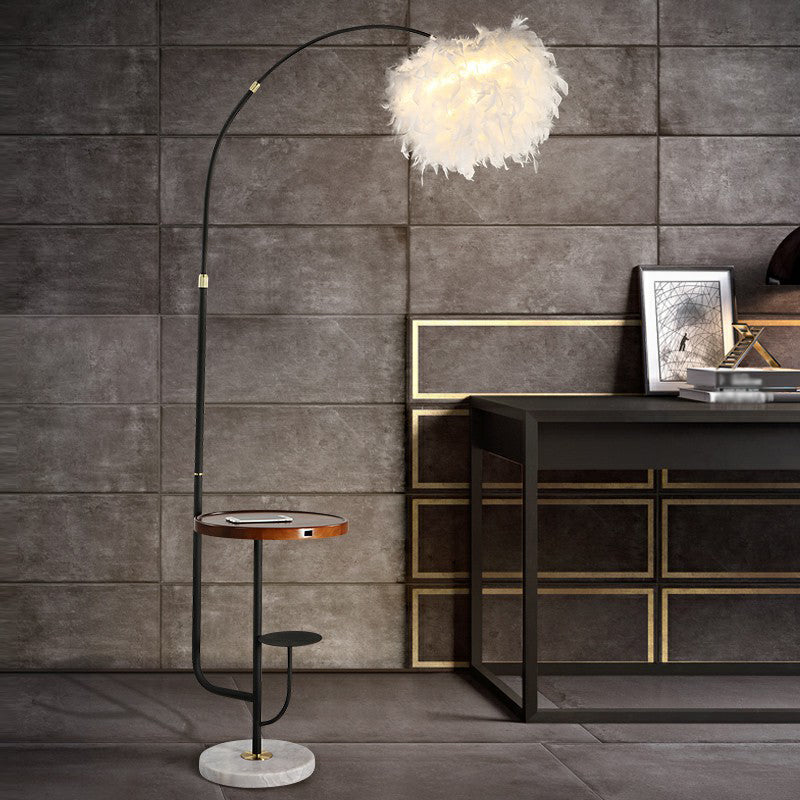 Fishing Rod Living Room Floor Light Metallic 1 Head Simplistic Standing Lamp with Tray and Feather Shade Clearhalo 'Floor Lamps' 'Lamps' Lighting' 2196979