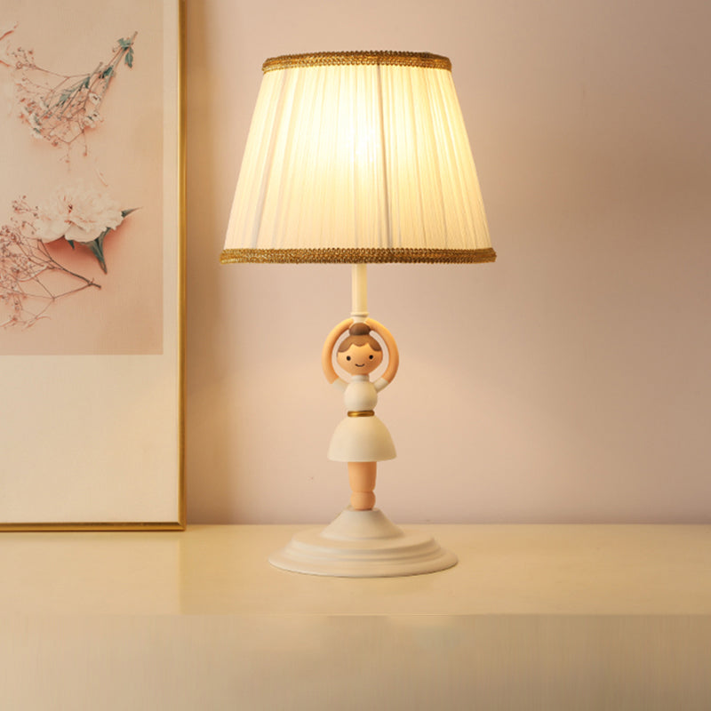 Cartoon Tapered Table Light Pleated Fabric Single Bedside Nightstand Lighting with Decorative Figurine in White Clearhalo 'Lamps' 'Table Lamps' Lighting' 2197073