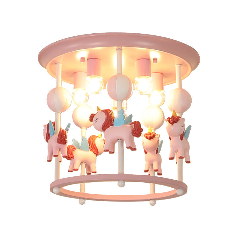 Cartoon Merry-Go-Round Semi Flush Resin 6 Heads Bedroom Flush Ceiling Light Fixture Clearhalo 'Ceiling Lights' 'Close To Ceiling Lights' 'Close to ceiling' 'Semi-flushmount' Lighting' 2197154
