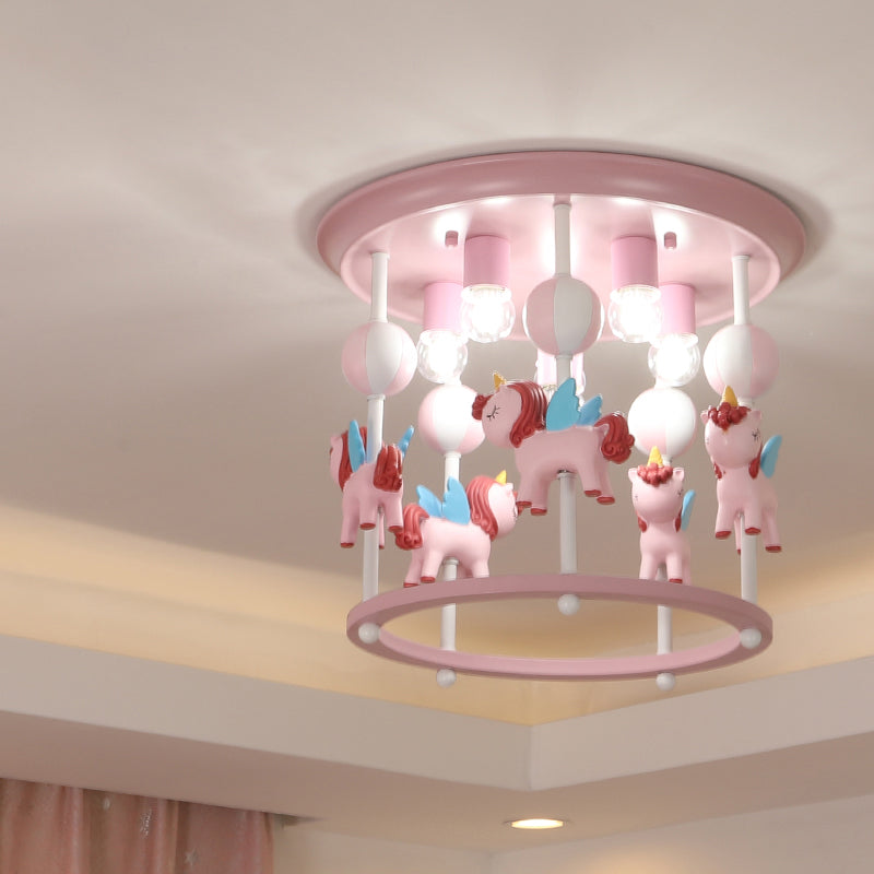 Cartoon Merry-Go-Round Semi Flush Resin 6 Heads Bedroom Flush Ceiling Light Fixture Clearhalo 'Ceiling Lights' 'Close To Ceiling Lights' 'Close to ceiling' 'Semi-flushmount' Lighting' 2197155