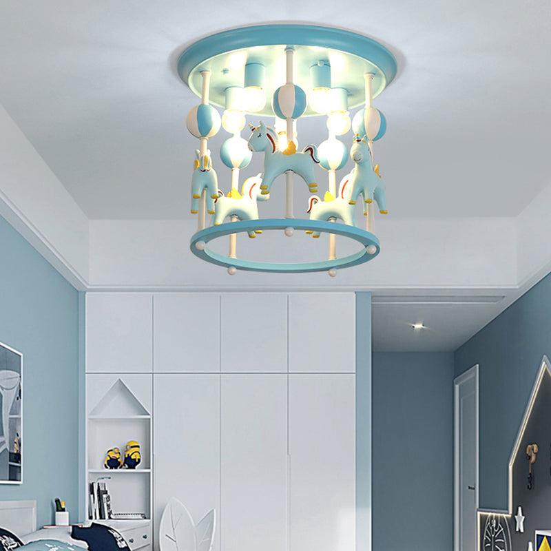 Cartoon Merry-Go-Round Semi Flush Resin 6 Heads Bedroom Flush Ceiling Light Fixture Blue B Clearhalo 'Ceiling Lights' 'Close To Ceiling Lights' 'Close to ceiling' 'Semi-flushmount' Lighting' 2197158