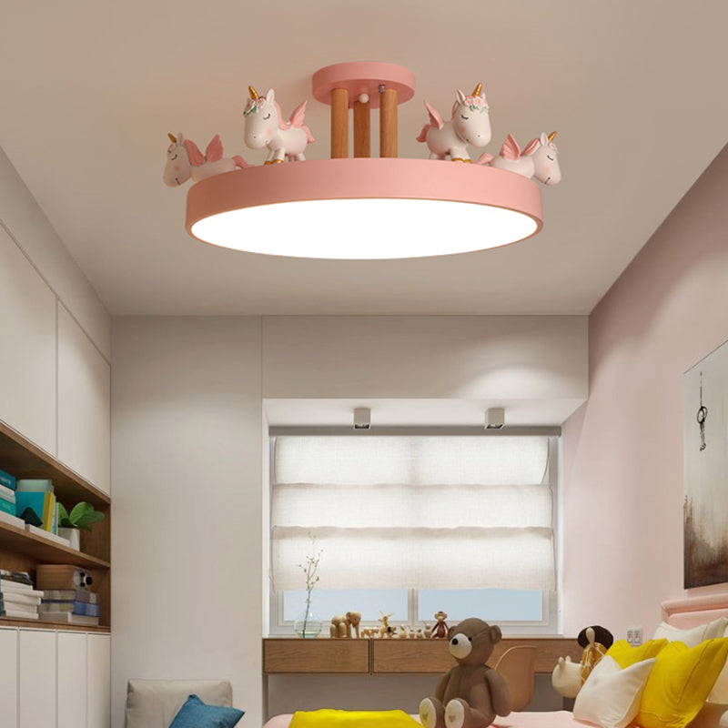 Round LED Semi Flush Mount Kids Style Acrylic Nursery Ceiling Mounted Light with Resin Unicorn Pink Wood Clearhalo 'Ceiling Lights' 'Close To Ceiling Lights' 'Close to ceiling' 'Semi-flushmount' Lighting' 2197163
