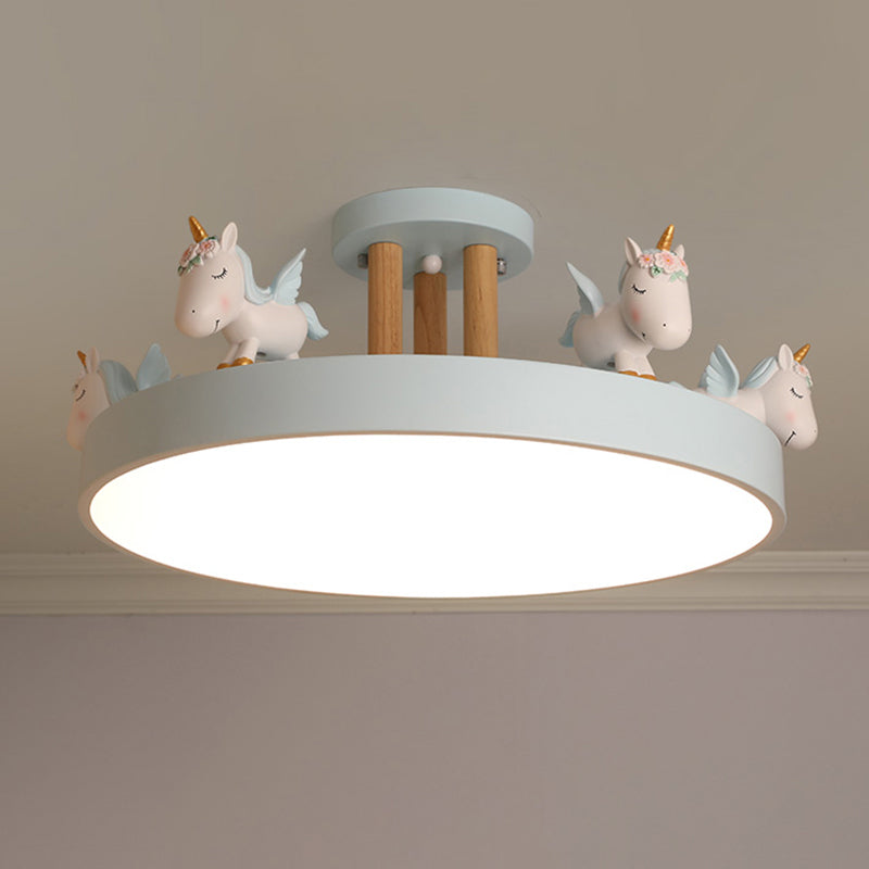 Round LED Semi Flush Mount Kids Style Acrylic Nursery Ceiling Mounted Light with Resin Unicorn Light Blue Wood Clearhalo 'Ceiling Lights' 'Close To Ceiling Lights' 'Close to ceiling' 'Semi-flushmount' Lighting' 2197165