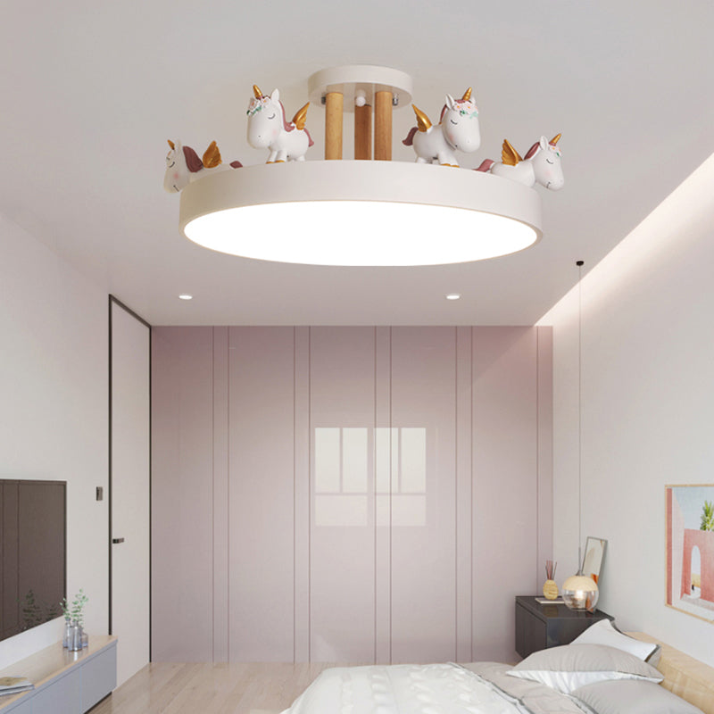 Round LED Semi Flush Mount Kids Style Acrylic Nursery Ceiling Mounted Light with Resin Unicorn White Wood Clearhalo 'Ceiling Lights' 'Close To Ceiling Lights' 'Close to ceiling' 'Semi-flushmount' Lighting' 2197167