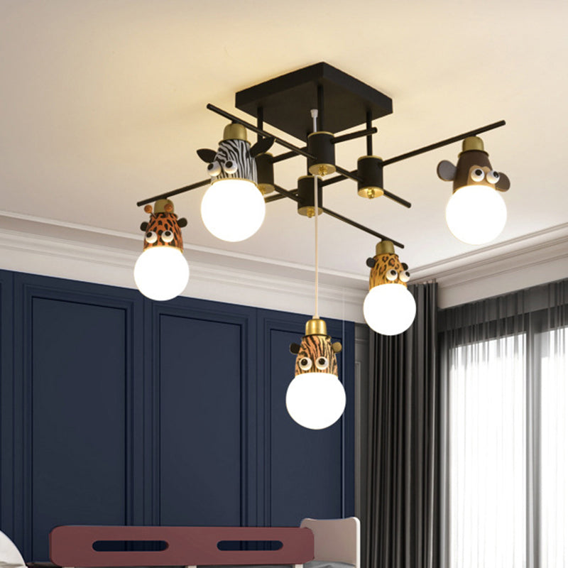 Animal Head Metal Semi Flush Kids Style Black Flush Ceiling Light Fixture for Bedroom 5 Black Clearhalo 'Ceiling Lights' 'Close To Ceiling Lights' 'Close to ceiling' 'Semi-flushmount' Lighting' 2197216