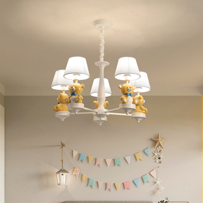 Bucket Chandelier Lighting Kids Pleated Fabric Child Room Pendant Light with Decorative Bear in White 5 White Clearhalo 'Ceiling Lights' 'Chandeliers' Lighting' options 2197251_51bd7015-f636-4722-8eb0-00f21446a81d