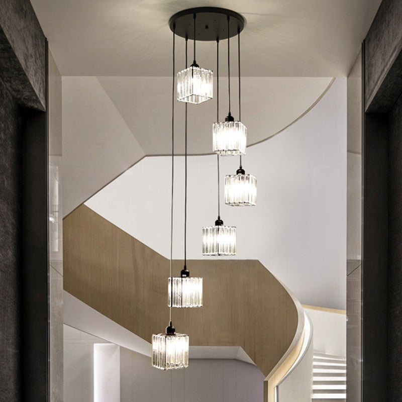 Tri-Prism Crystal Spiral Cube Hanging Light Modern Style 6 Bulbs Multi Light Pendant in Black Clearhalo 'Ceiling Lights' 'Modern Pendants' 'Modern' 'Pendant Lights' 'Pendants' Lighting' 2197560