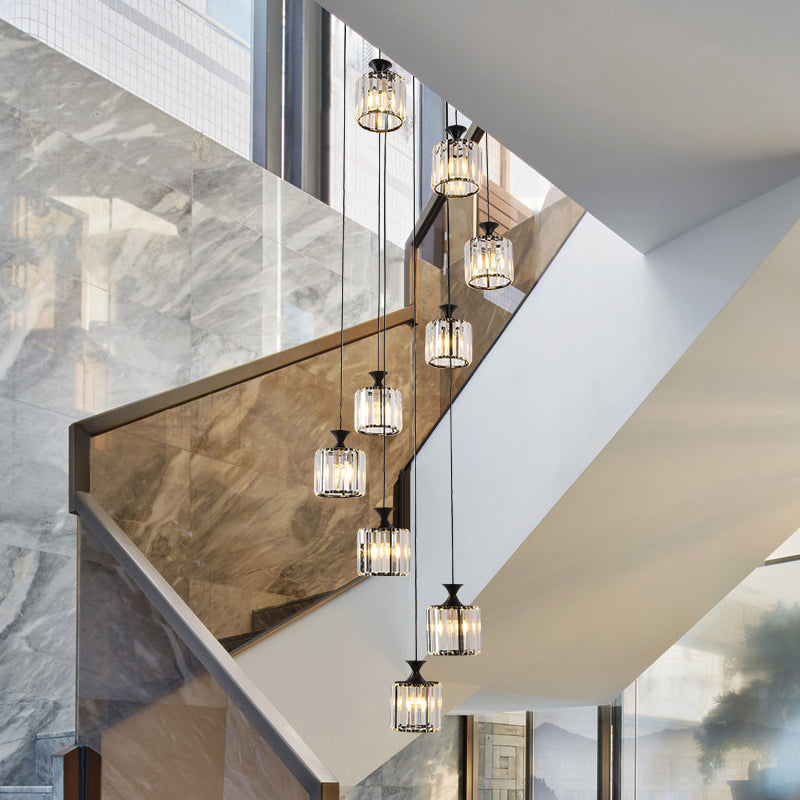 Prismatic Crystal Cylinder Hanging Light Minimalist 9 Bulbs Multi Light Pendant for Staircase Clearhalo 'Ceiling Lights' 'Modern Pendants' 'Modern' 'Pendant Lights' 'Pendants' Lighting' 2197613