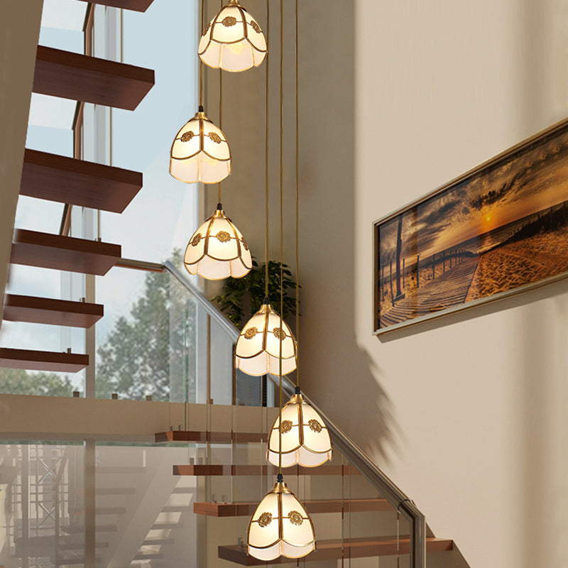 Scalloped Bell Multi Ceiling Light Artistic Frost Glass 6 Heads Brass Suspension Lighting Clearhalo 'Ceiling Lights' 'Glass shade' 'Glass' 'Modern Pendants' 'Modern' 'Pendant Lights' 'Pendants' Lighting' 2197718