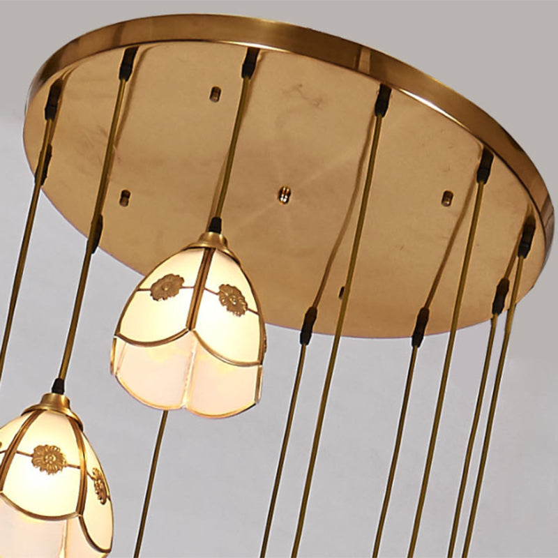 Scalloped Bell Multi Ceiling Light Artistic Frost Glass 6 Heads Brass Suspension Lighting Clearhalo 'Ceiling Lights' 'Glass shade' 'Glass' 'Modern Pendants' 'Modern' 'Pendant Lights' 'Pendants' Lighting' 2197719