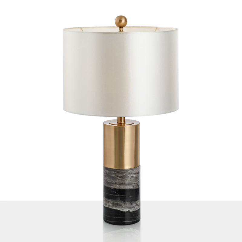 Drum Table Lighting Simplicity Fabric 1 Bulb Living Room Nightstand Lamp with Marble Base in White Clearhalo 'Lamps' 'Table Lamps' Lighting' 2197870