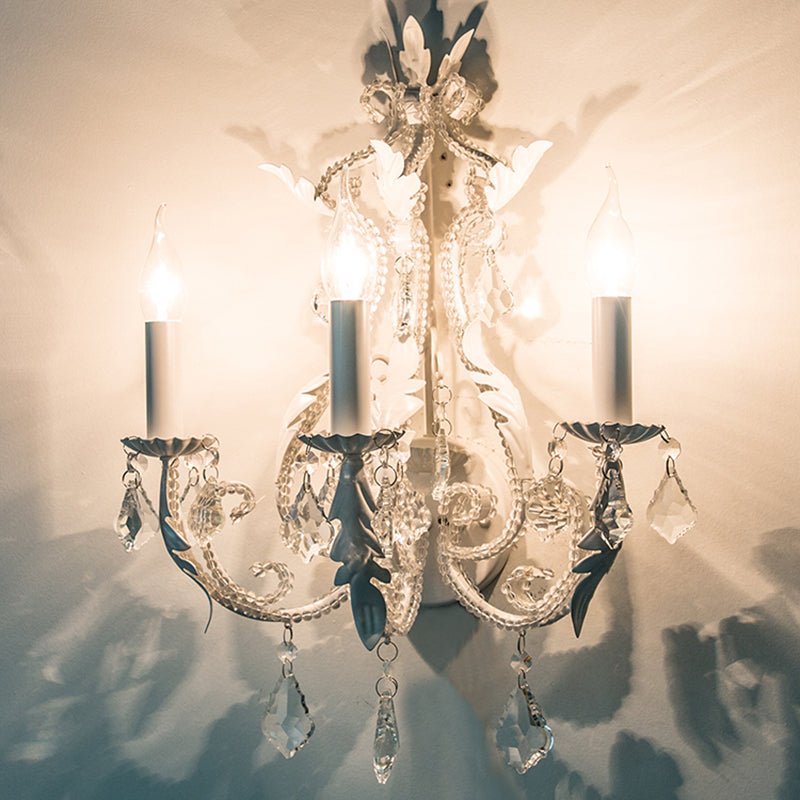 Traditional Candlestick Wall Mount Light 3 Bulbs Metallic Wall Light Fixture with Crystal Draping in White Clearhalo 'Wall Lamps & Sconces' 'Wall Lights' Lighting' 2197947