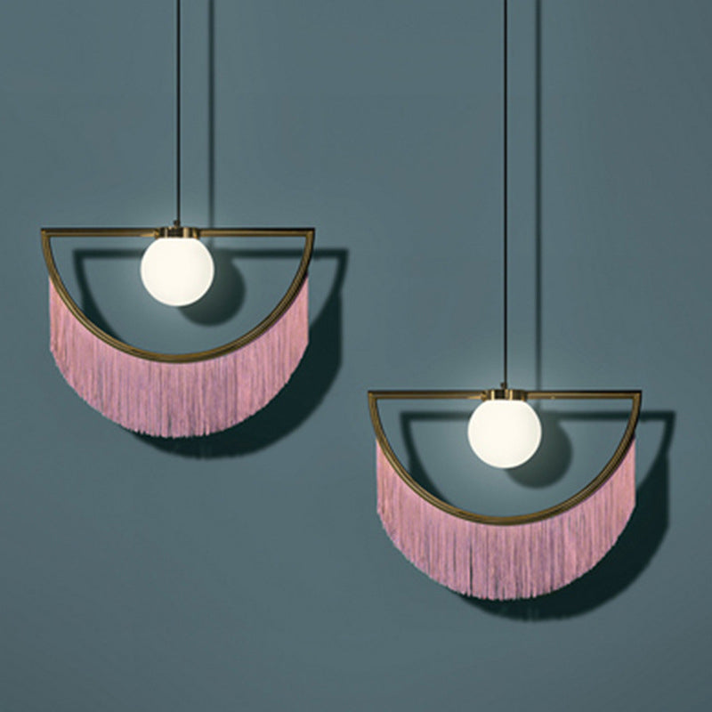 Acrylic Round Ceiling Light Nordic Style Single-Bulb Living Room Pendant Light with Fringe Decor in Pink Clearhalo 'Ceiling Lights' 'Pendant Lights' 'Pendants' Lighting' 2197994