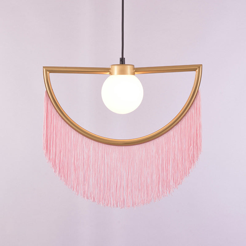 Minimalism Globe Suspension Light 1-Light Opal Glass Hanging Lamp with Decorative Fringe Pink Clearhalo 'Ceiling Lights' 'Pendant Lights' 'Pendants' Lighting' 2198000_2716ffc9-86cd-40f5-a120-f87859e8380d