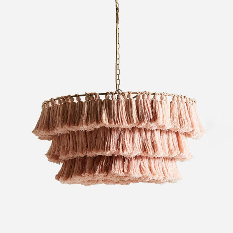 Simplicity Tiered Round Ceiling Lighting 3 Heads Handwoven Fringe Chandelier Light Fixture Clearhalo 'Ceiling Lights' 'Chandeliers' Lighting' options 2198203