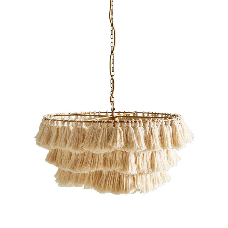 Simplicity Tiered Round Ceiling Lighting 3 Heads Handwoven Fringe Chandelier Light Fixture Clearhalo 'Ceiling Lights' 'Chandeliers' Lighting' options 2198208