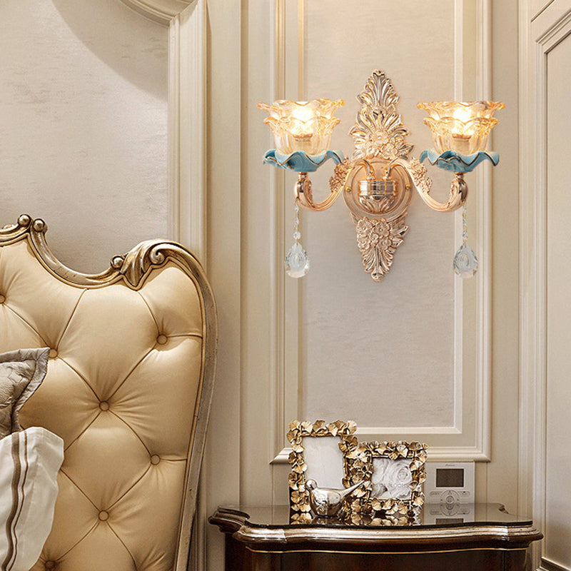Gold Floral Wall Light Fixture Vintage Glass Living Room Wall Mounted Lamp with Crystal Accent 2.0 Gold K Clearhalo 'Wall Lamps & Sconces' 'Wall Lights' Lighting' 2198334