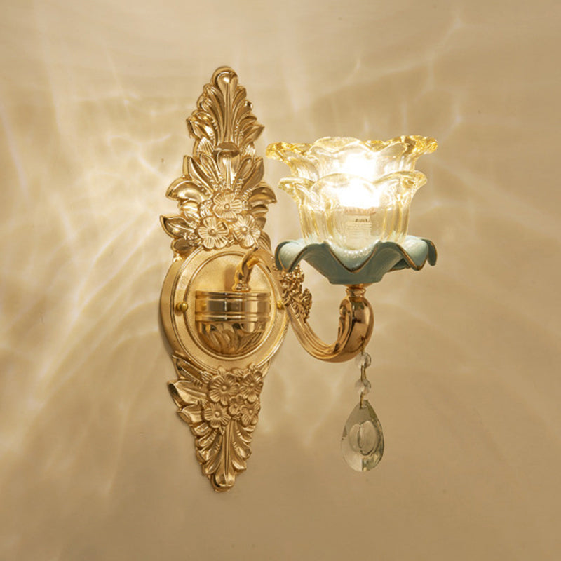 Gold Floral Wall Light Fixture Vintage Glass Living Room Wall Mounted Lamp with Crystal Accent 1.0 Gold K Clearhalo 'Wall Lamps & Sconces' 'Wall Lights' Lighting' 2198337