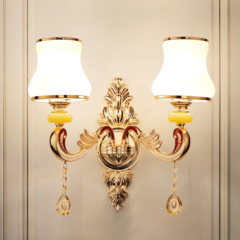 Frosted Glass Flower Wall Mount Light Traditional Corridor Wall Light Fixture with Crystal Draping in Gold 2.0 Gold A Clearhalo 'Wall Lamps & Sconces' 'Wall Lights' Lighting' 2198359