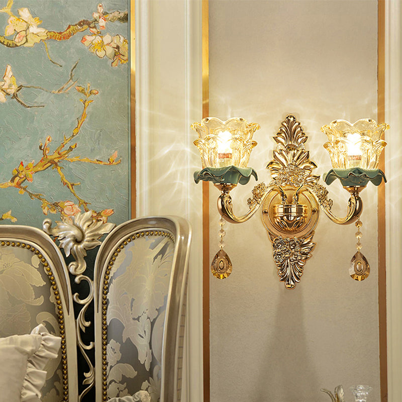 Glass Gold Wall Mount Light Ruffle Flower Retro Wall Lighting with Crystal Draping 2.0 Gold A Clearhalo 'Wall Lamps & Sconces' 'Wall Lights' Lighting' 2198589