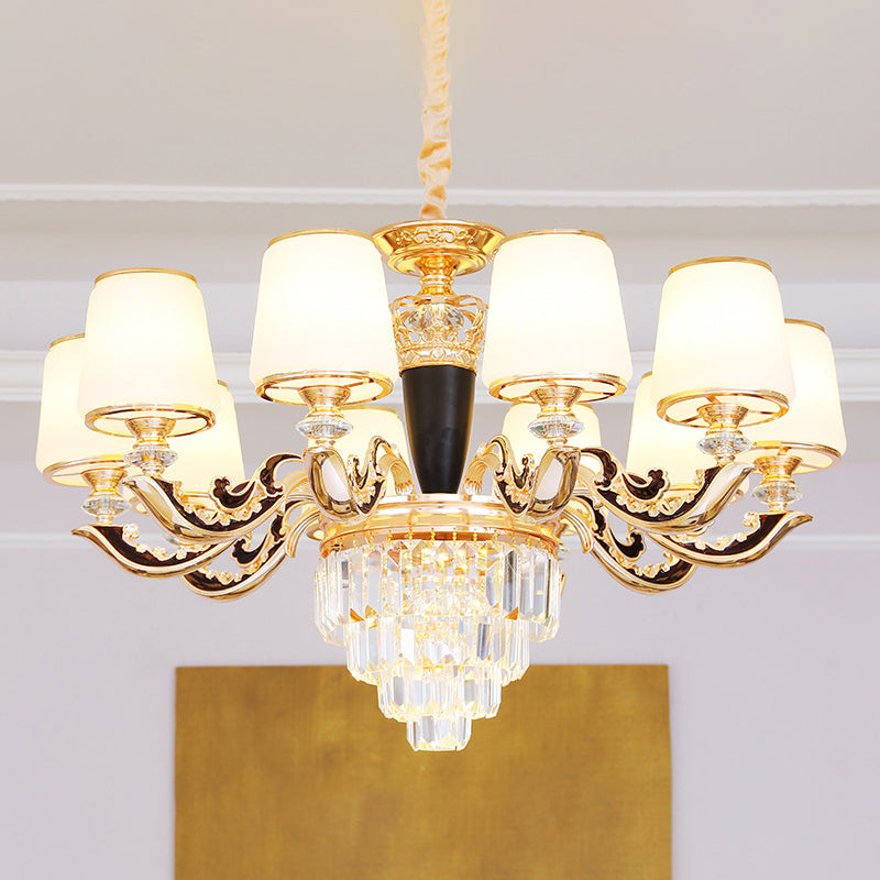 White Glass Tapered Ceiling Lighting Traditional Living Room Chandelier Light with Layered Crystal Decor Clearhalo 'Ceiling Lights' 'Chandeliers' Lighting' options 2198724