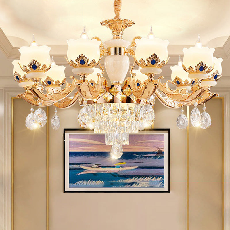 Cream Glass Gold Chandelier Pendant Light Floral Vintage Hanging Light with Hanging Crystal 10 Gold Clearhalo 'Ceiling Lights' 'Chandeliers' Lighting' options 2198728_ce3f01c8-d3ce-4d29-b4fd-d55d0285c355