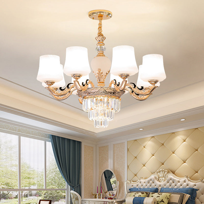 Retro Tapered Shade Chandelier Light White Glass Pendant Light Fixture for Living Room 8 White Crystal Clearhalo 'Ceiling Lights' 'Chandeliers' 'Glass shade' 'Glass' Lighting' 2198746